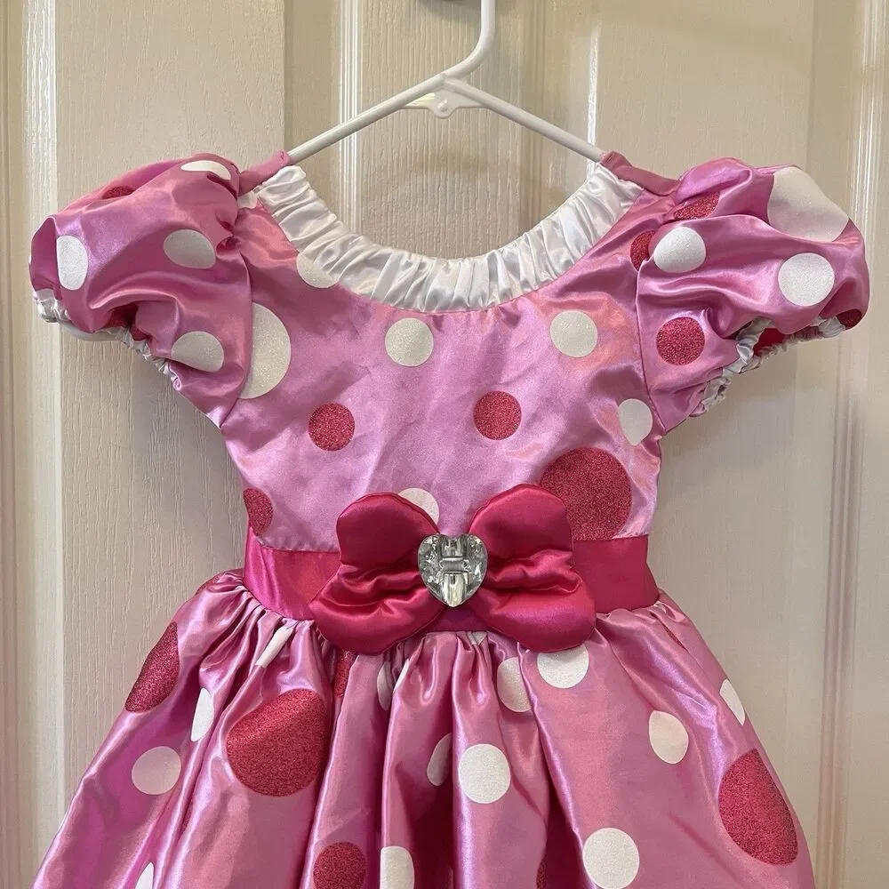 Disney Minnie Mouse Costume Dress Pink Glitter Polka Dots Bow Girls Size 3 - Picture 2 of 16